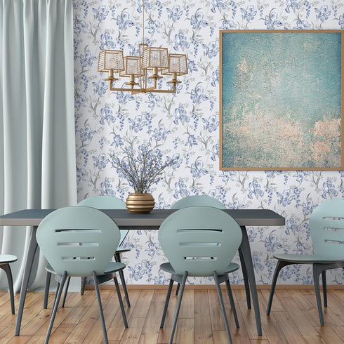 17.7"x118" Blue Grey Floral Peel and Stick Wallpaper Iris Flower Bouquet Leaf Mural Wallpaper Floral Contact Paper Self Adhesive Removable Floral ...