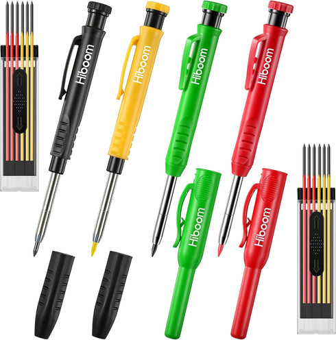 Hiboom 4 Pack Carpenter Pencils Set with 24 Refills, 2.8mm Mechanical Carpenter Pencil Built in Sharpener Woodworking Marking Tool Solid Long Nose...