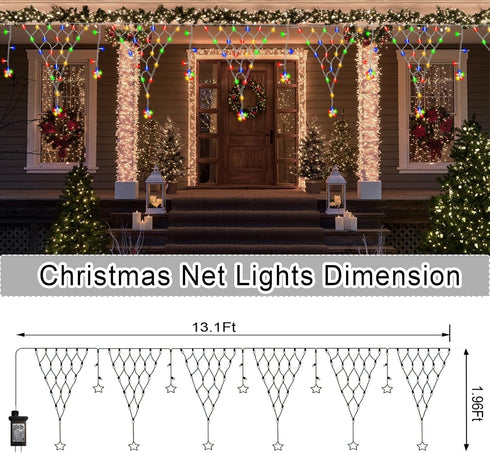 DBFAIRY Christmas Star Net Lights 196LED 13.1Ft(L) x1.9Ft(H) LED Fairy Net Lights Mains Powered Waterproof Outdoor Net Lights with Timer for Balco...