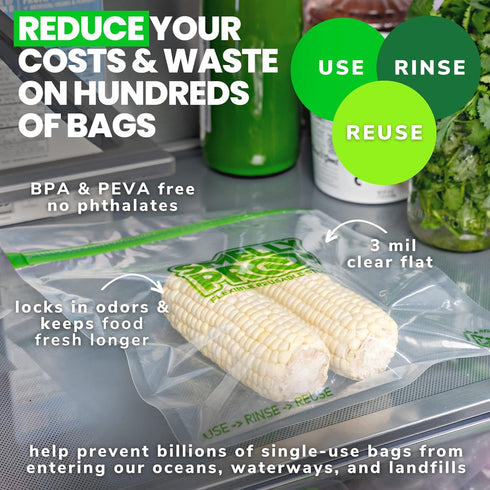 Smelly Proof Reusable Food Storage Bags Designed & MFG, USA MADE, Dishwasher-Safe, Easy-To-Clean, BPA FREE, NO PEVA, Clear FLAT Large 3-mil Thick,...