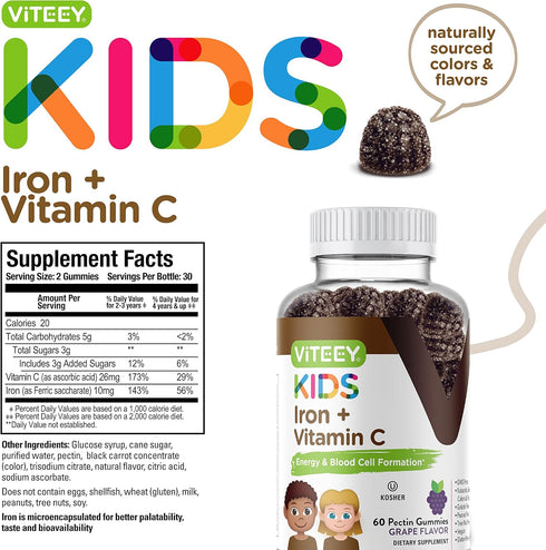 Iron Gummies for Kids with Vitamin C - Supports Energy, Blood Cell Formulation, Blood Builder Anemia Kids Iron Supplements - Vegan, Gelatin Free, ...