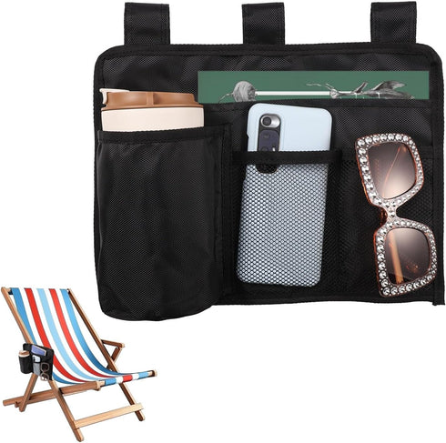 Beach Chair Cup Holder Attachment, Black Nylon Beach Chair Drink Bracket 4 Pockets Hanging Cup Holder Stand Adjustable Strap Phone Holder for Pati...