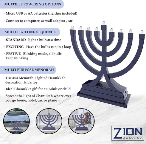 Zion Judaica Mini LED Hanukkah Menorah Battery or USB Operated - Multiple Light Settings On The Go Hanukkiah for Chanukah Decorations (Blue)...
