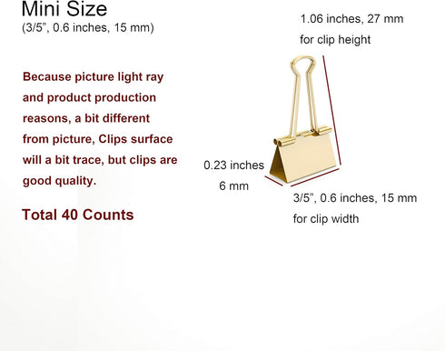 Gold Binder Clips Mini Metal Clamp 3/5" / 0.6-inch / 15-mm (Golden, 40-Count)...