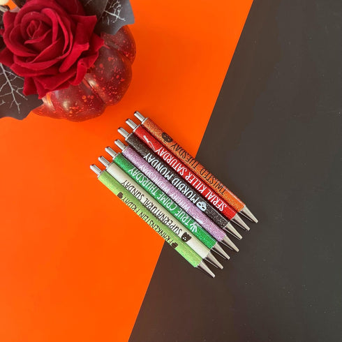 Jxueych 7Pcs Halloween Weekday Pens Glitter Pen with Funny Sayings Vibrant Passive Fancy Ballpoint Pens Cute Gifts for Colleagues Office Supplies ...