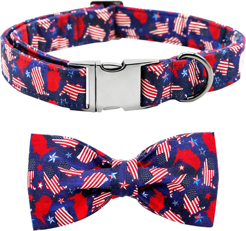 Dog Collar, 4 of July Independence Day American Flag Dog Bow Collar Boy Pet Collar Bowtie Duarble Dog Collars for Small Medium Large Dog...