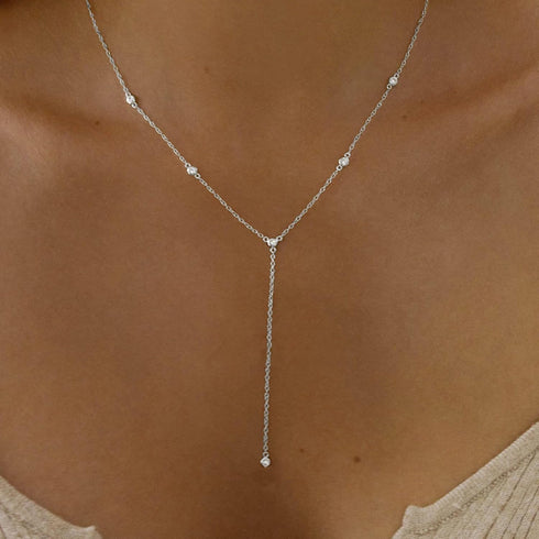 Lariat Necklace for Women, Dainty Layered Gold Long Necklaces 14k Gold Plated Beaded Bar CZ Drop Necklace Simple Gold Y Choker Necklaces for Women...