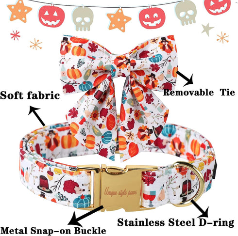 Unique Style Paws Cotton Dog Collar with Bow Halloween Pumpkin Plaid Dog Collar with Bow Tie for Small Medium Large Dogs Pets Gifts...