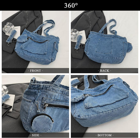 Denim Tote Bag, Large Capacity Jean Purses for Women Denim Crossbody Handbags with Small Purse...