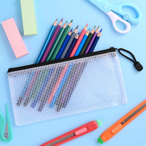 12 Pieces Plastic Mesh Zipper Pouch Bag/Zipper Envelope Document Storage Pouch Bag/Zip File Folder/Office Supplies Bills File Waterproof Zipper Po...