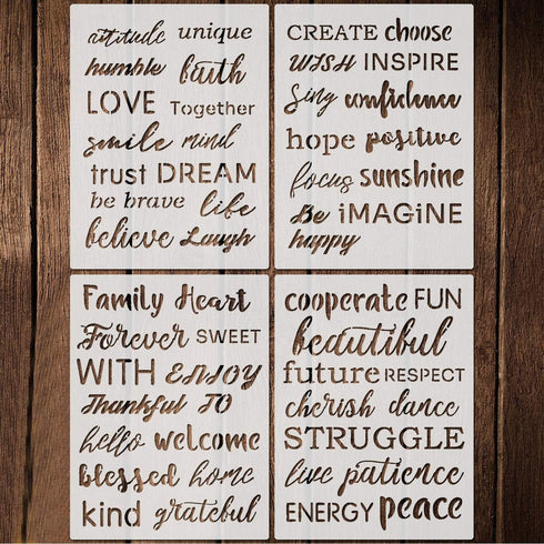 4 Pieces Word Stencils for Painting Decors, 6 x 8 Inches Inspirational Quote Stencils Resuable Plastic Stencils Motivational Templates for Word Ar...
