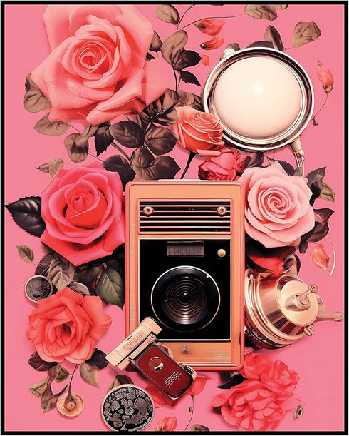 Posterizer 1 pcs-vintage radio and flowers-pink girly collage-Abstract & Modern Art-Floral & Botanical Art-Gift for Art Lovers- UNFRAMED Wall Art...