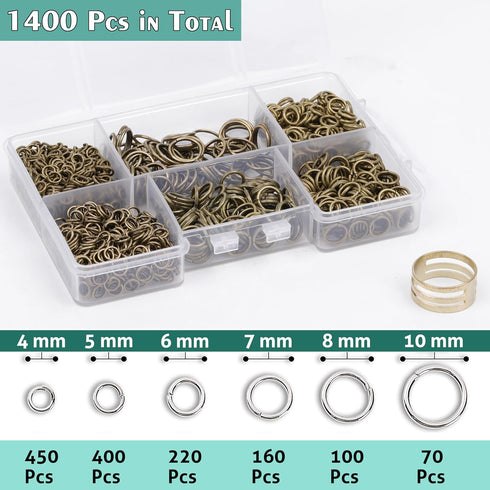 1400 Pcs Open jump rings for jewelry making supplies 6 Sizes/Box Jump Rings for key chain making kit with 1Pcs Jump Ring Open/Close Tool (Gun blak...
