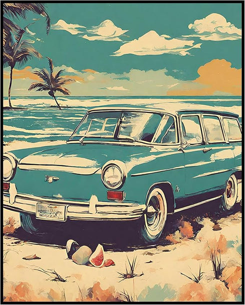 Posterizer 1 pcs-vintage retro cars on the beach poster 1-Retro Art-Landscape & Nature Art- Gift for Nature, Surfers and Beach Lovers- unframed wa...