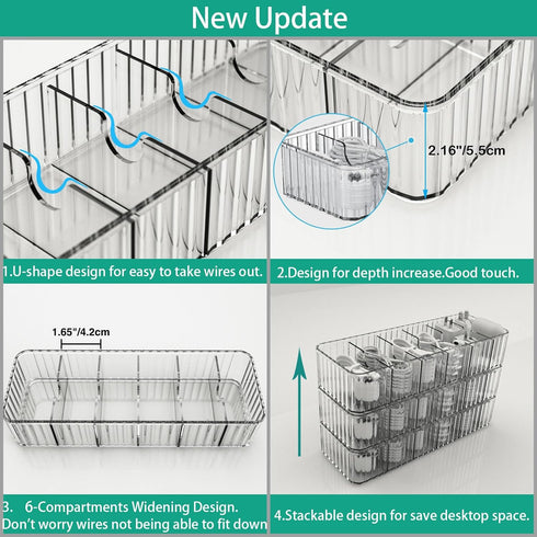 Cable Storage Boxes Organizers 2 Pack,Cord Charger Storage Organizer Box Case with 20pcs Cable Ties,Stackable,Clear...