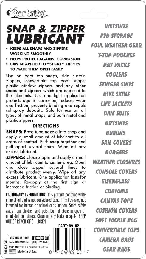 STAR BRITE Snap & Zipper Lubricant - Clear, Non-staining for Clothes, Jeep Tops, Wetsuits, Dive Suits, Gear Bags, Coolers, Biminis, Cushion Covers...