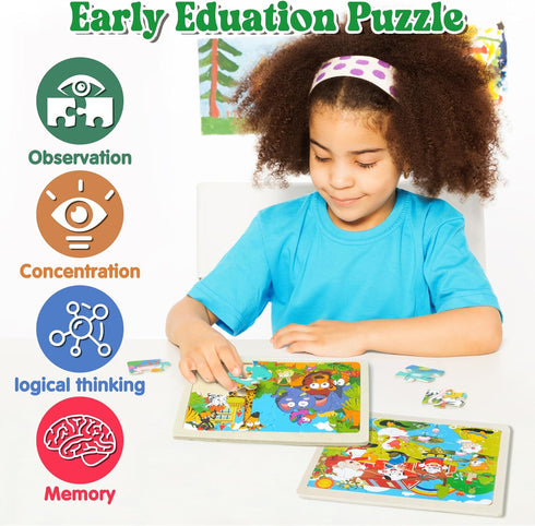 Wooden Puzzles for Toddlers Kids - 4 Packs 24PCS Animal Themed Wood Puzzle, Ocean Under The Sea Treasure Zoo Farm Preschool Educational Learning T...