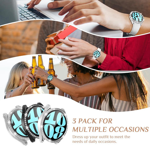 Goton 3-Pack Bling Case for Samsung Galaxy Watch 6 Screen Protector 44mm, Tempered Glass Glitter Diamond Bumper Face Cover for Galaxy Watch 6 Acce...