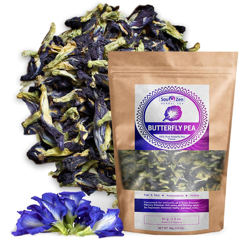 Sou Zen Butterfly Pea Flowers (80 g) Dried Tea Leaves | Natural, Raw Drink Mix w/Antioxidants, Organic Nootropics | Thai Herbal Floral Tea...