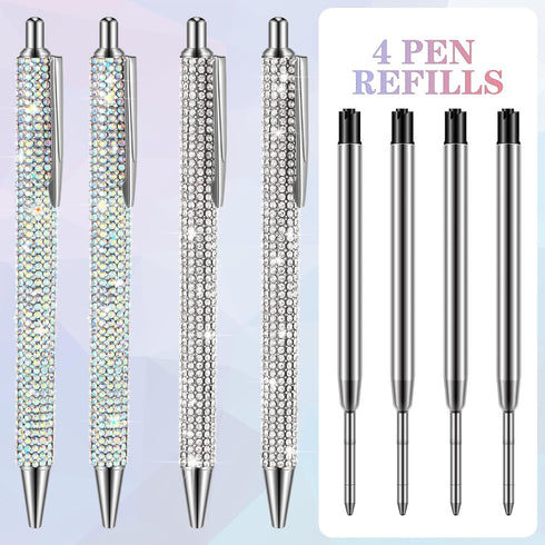 4 Pcs Bling Pen Rhinestone Pen Diamond Pens Metal Ballpoint Pens Bedazzled Pen 4 Pcs 1.0mm Pen Refills for Women Office Birthday Kids Students Gif...