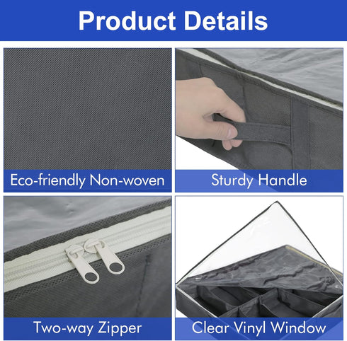 Surblue Under Bed Shoe Storage Organizer Underbed Shoes Closet Storage Solution 2 Metal zippers and 3 Handles with Clear Cover for Men's and Women...