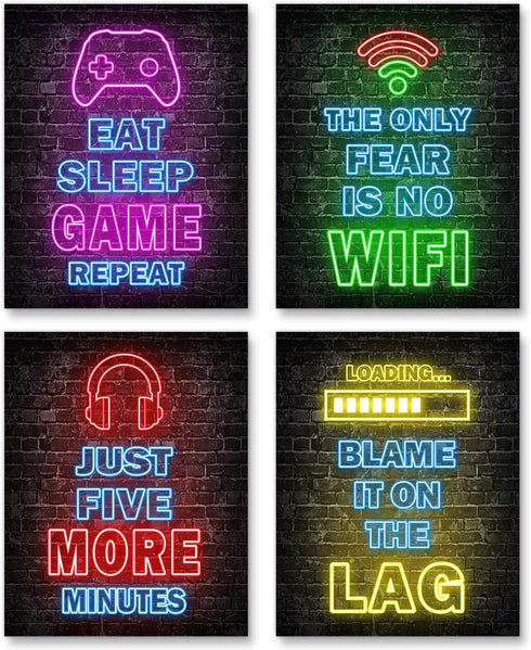Printed Neon Gaming Posters Set of 4 (8”X 10”), Boys Room Decorations for Bedroom,Video Game Wall Art,Gamer, Teen boy bedroom, game room, No Frame...