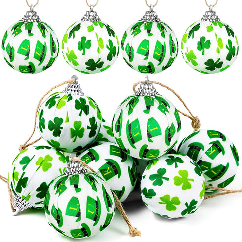 St. Patrick's Day Ball Ornaments, 12PCS Green Shamrocks and Hat Fabric Wrapped Balls, Decorative Hanging Ornaments for Tree Home Office Bedroom Pa...