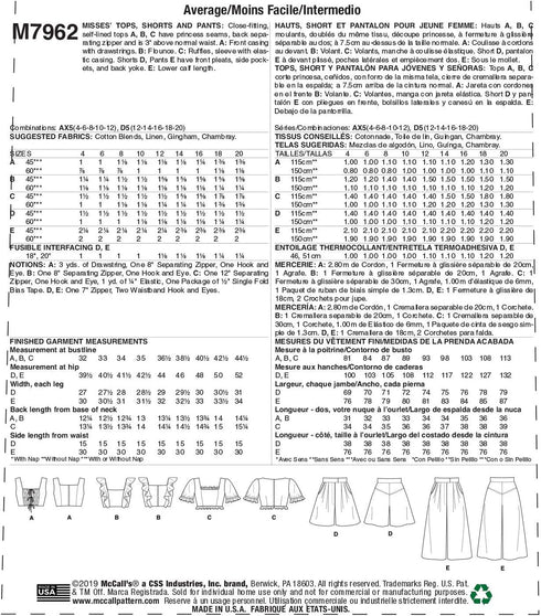 McCall Pattern Company McCall's Women's Crop Top, Shorts, and Flared Leg Pants, Sizes 4-12 Sewing Pattern, White...