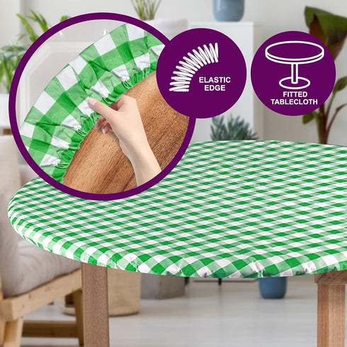 Sorfey Round Tablecloth -Fitted with Elastic, Vinyl with Flannel Back, Fits for Table 30 Inches Round,Water Proof, Easy to Clean, Checked Green De...