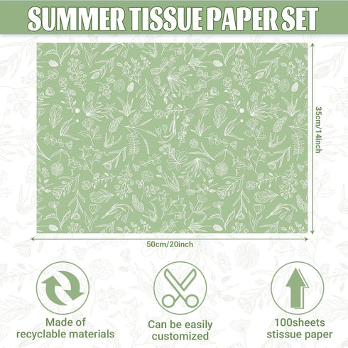 100 Sheets Sage Green Wildflowers Tissue Paper Green White Floral Printed Tissue Paper Botanical Decorative Tissue Paper for Green Boho Themed Bab...
