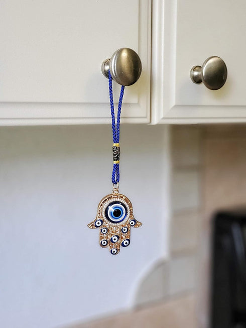 Hamsa Hand Amulet Pendant w/Crystal Rhinestones Blue, White & Black Evil Eye Car Hanging Ornament Rear View Mirror Accessories - Door, Wall, Bag C...