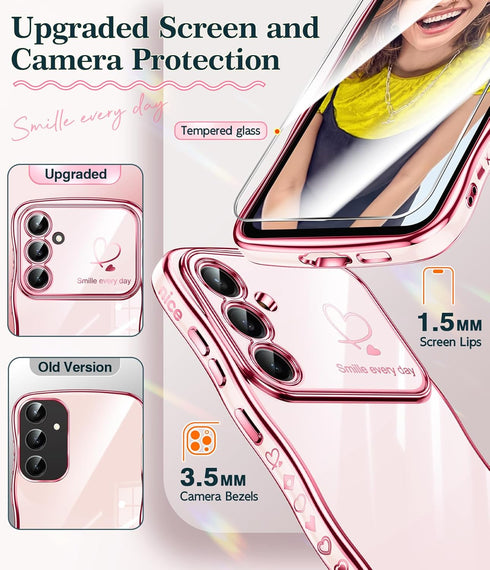 LeYi for Galaxy-S23-FE-Case: with Screen Protector and Full Camera Protection, Love Heart Pattern Luxury Plated Gold Edge Slim Soft TPU Protective...