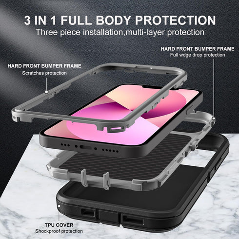for iphone 13 Mini Case, Military Grade 3 in 1 Heavy Duty Shockproof/Drop Proof/Dust Proof Case with 2Pcs Tempered Glass Screen Protector (Black/G...