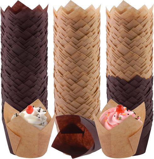 Aodaer 240 Pieces Mini Tulip Baking Cups Muffin Liners Cupcake Cases Baking Cup Holders for Wedding, Birthday, Baby Shower, Brown, Natural...