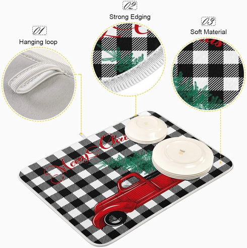 Oarenol Christmas Buffalo Truck Dish Drying Mat Black White Plaid Large 18 x 24 Inch Reversible Drying Mat for Kitchen Counter...