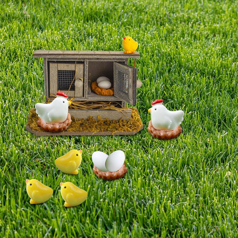 Miniature Retro Wooden Chicken Coop Mini Family Chicken,Hen,Chick,Egg,Chicken Nest Ornament Micro Landscape Fairy Garden Decor...