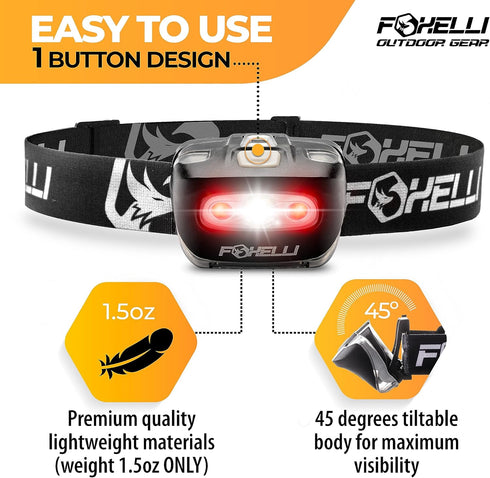 Foxelli LED Headlamp Flashlight for Adults & Kids, Running, Camping, Hiking Head Lamp with White & Red Light, Lightweight Waterproof Headlight wit...