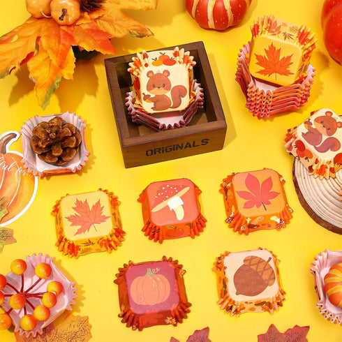 Whaline 600Pcs Fall Thanksgiving Autumn Mini Square Cupcake Liners Pumpkin Leaf Acorn Cupcake Wrappers Harvest Muffin Baking Cup for Holiday Weddi...
