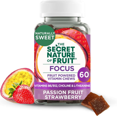 The Secret Nature of Fruit Focus Chews, Real Fruit Powered Vitamin Chews with Vitamins B6 & B12, Choline, L-Theanine, Passion Fruit & Strawberry f...
