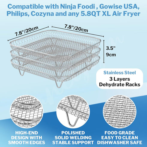 Air Fryer Accessories with 8pcs Foot Cover - 8" Square 3 Stackable Dehydrator Racks Fits 5.8 QT Air Fryer Racks for Cosori, Instant Vortex, Nuwave...