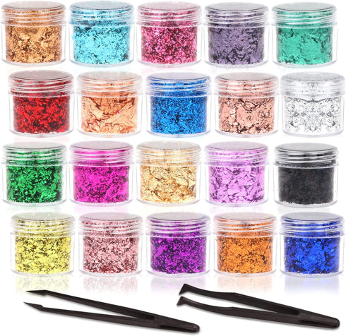 Gold Foil Flakes, 20 Bottles Gilding Flakes Set, Metallic Foil Flakes, Imitation Gold Foil Flakes with Tweezers for Resin, Nail Art, Painting, Sli...