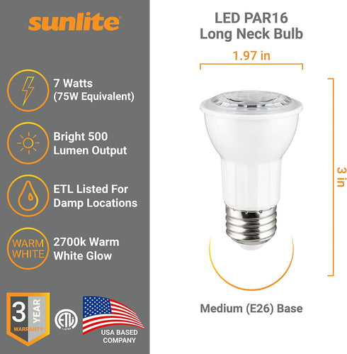 Sunlite 80124 LED PAR16 Long Neck Recessed Spotlight Bulb, 7 Watt, (75W Halogen Replacement), 500 Lumens, Medium (E26) Base, Dimmable, ETL Listed,...