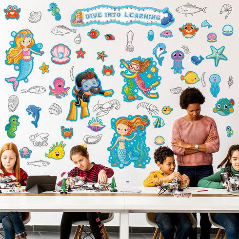 49 Pieces Ocean Beach Theme Classroom Bulletin Board Decoration Sets Dive Into Learning Bulletin Board Sea Animal Jeweled Fish Cutouts Divers Cuto...