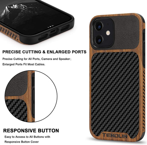 TENDLIN Compatible with iPhone 12 / iPhone 12 Pro Case Wood Grain with Carbon Fiber Texture Design Leather Hybrid Case Black...
