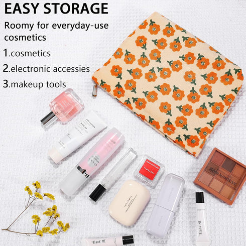 2Pcs Daisy Flower Makeup Bag Travel Cute Cosmetic Bags for Women Large Floral Makeup Pouch Zipper Cosmetic Pouch Set for Purse Aesthetic Corduroy ...