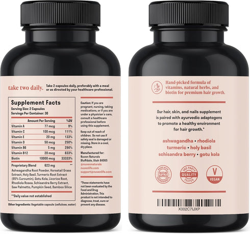 Hair Vitamins - Biotin 10000 mcg with Vitamin A, E, C, D & Adaptogens to Support Hair, Skin & Nails - Biotin Supplement for Health & Growth | Vega...