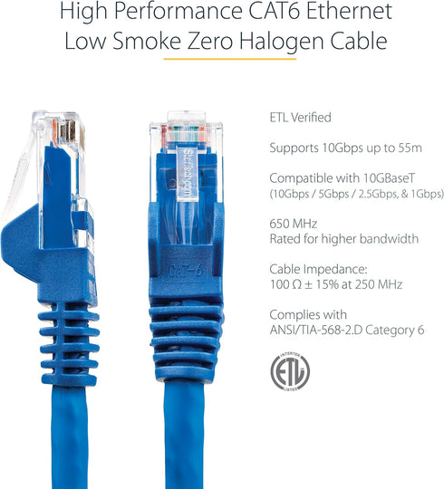 StarTech.com 6ft (1.8m) CAT6 Ethernet Cable - LSZH (Low Smoke Zero Halogen) - 10 Gigabit 650MHz 100W PoE RJ45 UTP Network Patch Cord Snagless w/St...