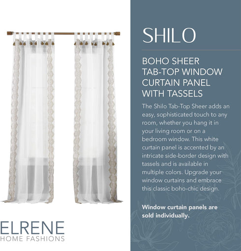 Elrene Home Fashions Shilo Sheer Boho Tab-Top Window Curtain Panel with Tassels, Linen, (52 X 84)...