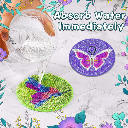 UPINS DIY Kit, Diamond Art Painting Coasters with Holder, 8 Pcs Hummingbird Butterfly Coaster Craft Supplies for Adults Kids Beginners...