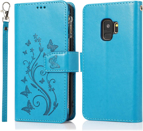 UEEBAI Wallet Case for Samsung Galaxy S9, Premium PU Leather Magnetic Closure Flower Pattern Handbag Zipper Pocket Case Kickstand Card Holder Slot...